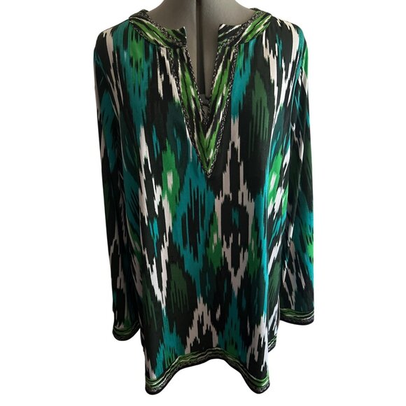 Michael Kors Womens Ikat Tunic Top Size 2X Green & Black Long Sleeve - Picture 1 of 8